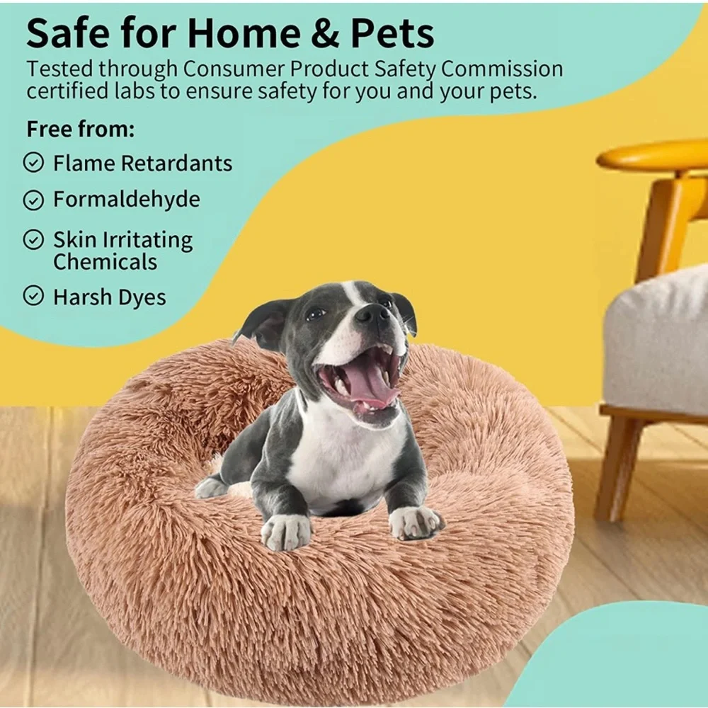 Calming Anxiety Round Donut Pet Bed Washable Anti-Slip Faux Fur Cuddler Brown L
